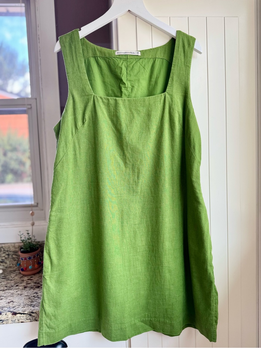 Abercrombie & Fitch Square Neck Shift Mini Dress Linen Look Green Medium Petite - Picture 2 of 10